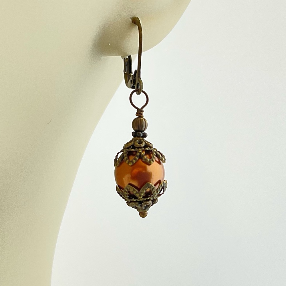 Handmade Swarovski Crystal Pearl Earrings, Copper Color, Gothic